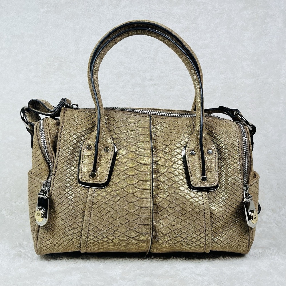 B Makowsky Whitney Satchel Handbag Gold Shimmer Snakeskin Embossed Leather Purse
